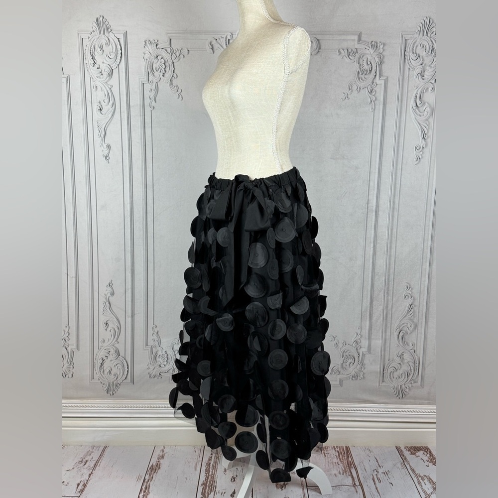 Elegant Polka Dot Tull Mesh Black 3D Patchwork A-Line Midi Skirt - Picture 7 of 8